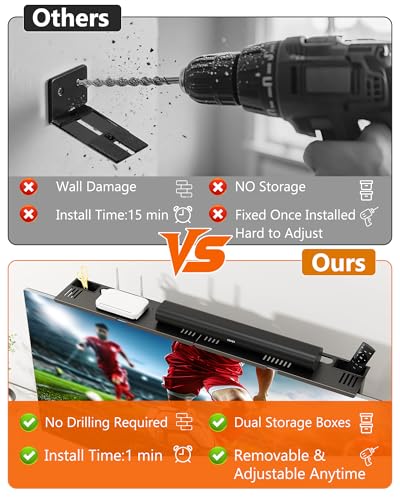 Soundbar Mount, No Drilling Steel TV Top Shelf with Storage Boxes, Sound bar Mount up to 15 lbs, Universal Sound Bar TV Mount Bracket, Soundbar Mount Above TVs Compatible with Samsung, Sony (33.8") - size: 33.8" with Storage Boxes
