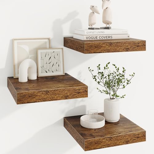 Square Floating Shelves for Wall, 12"W x 12"D x 1.5"H, 3 Pack Small Wall Mounted Engineered Wood Shelves with Invisible Brackets for Living Room, Bedroom, Bathroom, Kitchen Decor, Rustic Brown - color: Rustic Brown With Invisible Metal Brackets, size: 12"