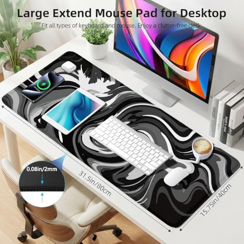 Large Gaming Mouse Pad - Black and White Mouse Pad with Stitched Edges, Extended XL Mousepad with Anti-Slip Rubber Base, Ink Liquid Wave Desk Mat for Keyboard and Mouse(31.5x15.8 inch) - color: Black & White Abstraction, size: 31.5L x 15.8W inches