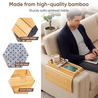 Bamboo Couch Arm Tray Table with Built-in Cup Holder, Foldable Anti-Slip Sofa Armrest Table for Drinks, Phone & Remote, Fits 4.7–16.9 in Armrests, Holds Cups up to 3.5 in Diameter (Bamboo) - color: Primary Colors