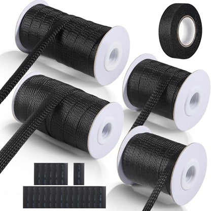 132 ft Expandable Braided Cable Sleeve Wire Loom PET Wiring Sleeving, Mesh Automotive Split Sheathing Wrap Management Heat Shrink for Audio and Other Home Device (1/2 in, 1/4 in, 3/8 in,3/4 in,Black) - color: Black
