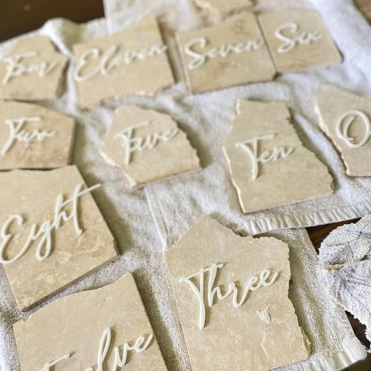 Cursive Wedding Table Number SET, DIY thin modern Black or White acrylic cutouts with silicone glue included. Words only, no backing (One - Fifteen, Gloss White) - color: Gloss White, size: One - Fifteen