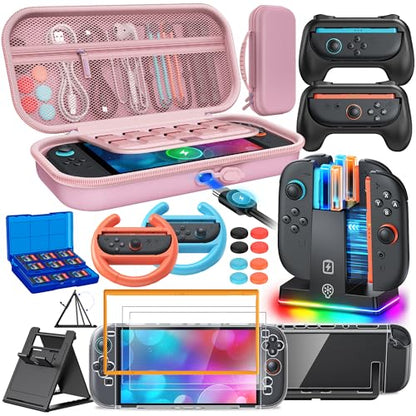 Switch 2 Accessories, Case Bundle for Nintendo Switch 2 2025 Console,[Charge Inside]FYOUNG 23 IN 1 Kit:Carrying Case,Controller Charger,Protective Shell,Grip for Joycon, Steering Wheel -Pink - color: Pink