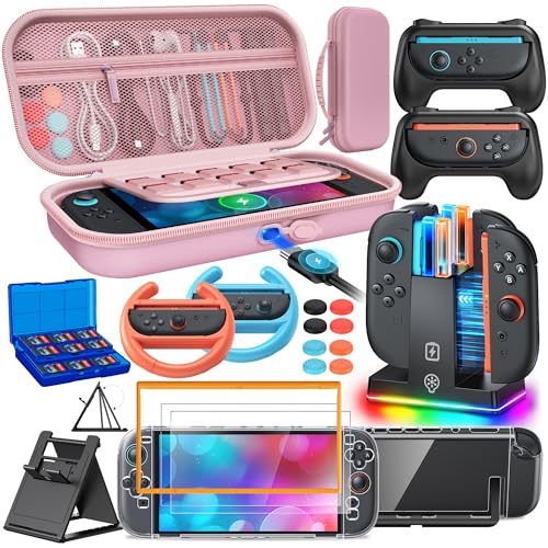 Switch 2 Accessories, Case Bundle for Nintendo Switch 2 2025 Console,[Charge Inside]FYOUNG 23 IN 1 Kit:Carrying Case,Controller Charger,Protective Shell,Grip for Joycon, Steering Wheel -Pink - color: Pink
