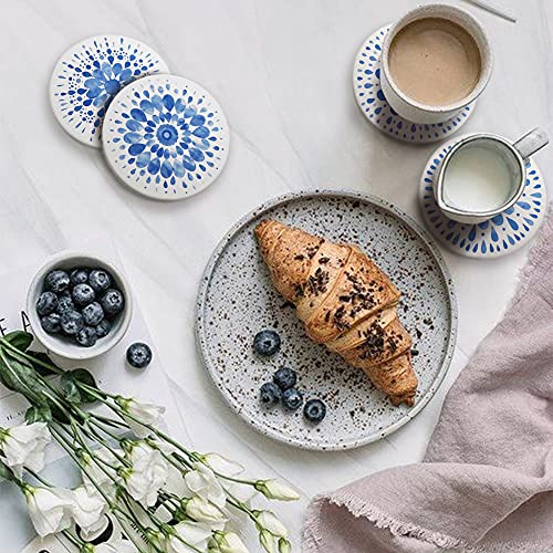AD Set of 6 Coasters for Drinks Absorbing Round Ceramic Stone Coaster with Cork Base,Tabletop Protection Mat for Mugs and Cups,Office,Kitchen (Indigo Blue 2 with Holder) - style: Indigo Blue 2 with Holder