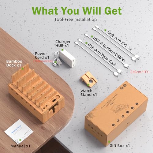 Pezin & Hulin Bamboo Charging Station for Multiple Devices with 5 Port USB Charger, 5 Cables and Watch Stand. Wood Desktop Docking Stations Organizer for Cell Phone, Tablet, Watch, Office Accessories