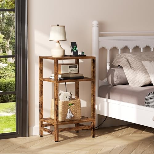 Creso hom Side Table with Fast Charging Station, 3 Tier End Table with Type C and USB Port, Small Bedside Tables for Small Space, End Tables for Living Room, Bedroom, Office, Rustic Brown - color: Rustic Brown, size: 15.7"D x 11.8"W x 28.1"H