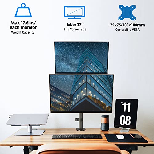MOUNTUP Dual Monitor Stand, Vertical Monitor Mount for 2 Max 32 inch Stack Screen Monitors, Height Adjustable, Swivel, Tilt Monitor Desk Mount with C Clamp Grommet Base, Home Office - size: Dual