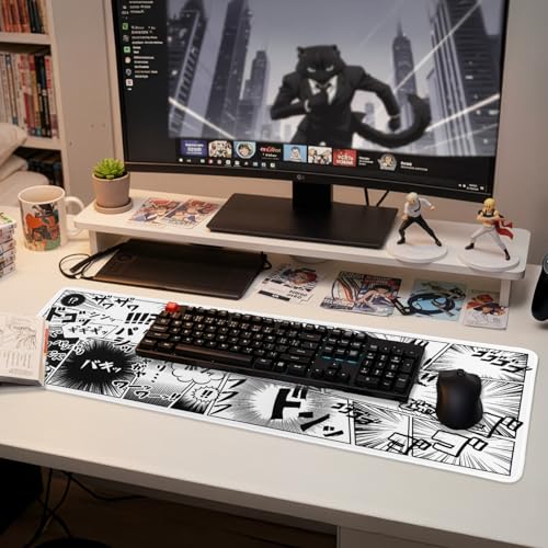 BELLEMOND Japanese Art Desk Mat | Large 31.5x11.8in Anime Mouse Pad for Keyboard & Mouse | Non-Slip Base, Water-Repellent | Original Japanese Design | Manga Burst - color: Manga Burst