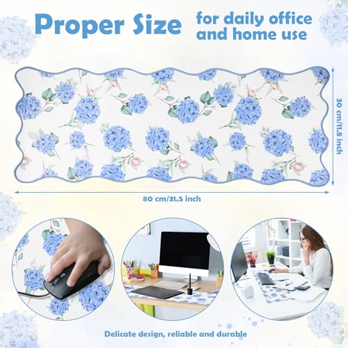 Copkim 1 Pcs Blue Scalloped Hydrangea Desk Mat 31.5 x 11.8 Inch Large Cute Mouse Pad Computer Mat Non Slip Waterproof Rubber Base with Border Stitching Soft Keyboard Pad for Home Office Gaming Makeup - color: Blue, style: Hydrangea