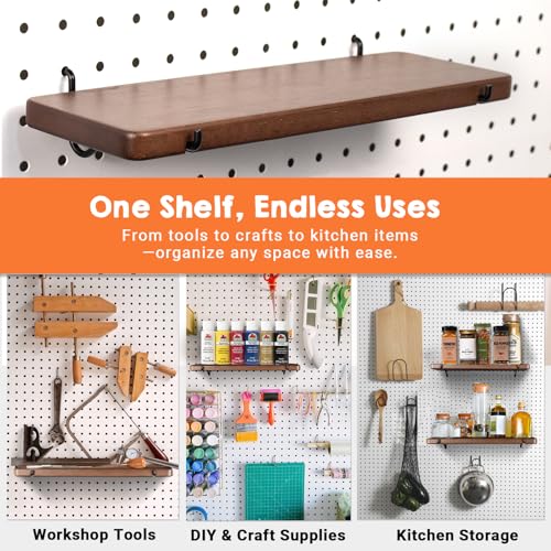 2 Pcs Walnut Finish Wooden Pegboard Shelf for 1/4" Metal Pegboard | Hardwood, High Balance No Tilt, Natural texture, Pegboard Accessories for Craft Room Home Garage Workbench