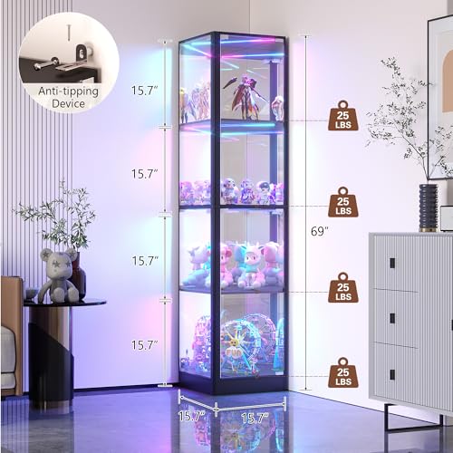 Dystler Corner Display Cabinet with Glass Doors & RGB Lights | 68" Tall, Human Sensor Lights, 4-Tier, Display Case for Collectibles, Modern Storage Cabinet - color: Black