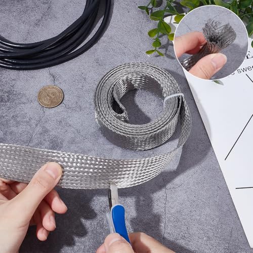 UNICRAFTALE 9.84ft(3m) 1.18" W Braided Sleeving Braid Stainless Steel Cable Wire Shielding Sleeve Ground Straps Protection Flat Metal Mesh Flexible Expandable Scalable Ribbon Wire for Protect Cable - size: 3m x 30mm