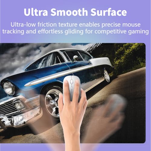 Large Gaming Mouse Pad (31.5" x 15.8") - Elegant Blue Classic Car Journeying on a Peaceful Road, Extra XXL Office Accessories, Premium Stitched Anti-Slip Office Desk Mat - color: Retro Old Car