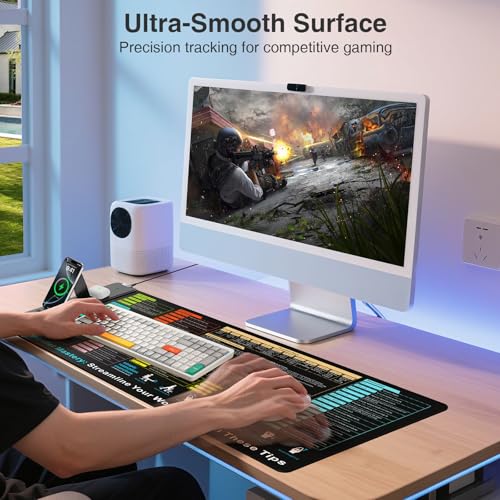 Wireless Charging Mouse Pad with Foldable Phone Holder, 31.5"x15.8" XXL Excel Cheat Sheet Desk Mat for Laptop/Keyboard, Waterproof Ultra-Smooth Surface, Non-Slip Base - color: Black-31.5"x15.8"-Excel Shortcuts-Phone Holder