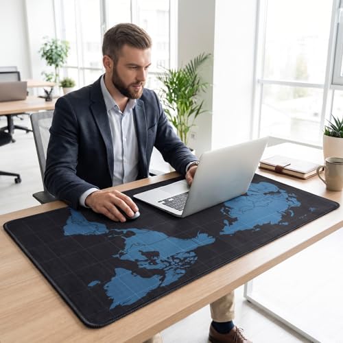 Jeffbaubl Black World Mouse Pad, 35.4 x 15.7 Inch Large Desk Mat, Extended Mousepad Desks Mat, Non Slip Rubber Base & Stitched Edges Desk Pad, Waterproof Mousepad for Computer Office Home Use