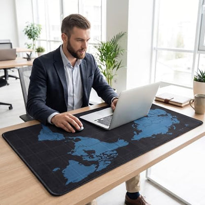 Jeffbaubl Black World Mouse Pad, 35.4 x 15.7 Inch Large Desk Mat, Extended Mousepad Desks Mat, Non Slip Rubber Base & Stitched Edges Desk Pad, Waterproof Mousepad for Computer Office Home Use