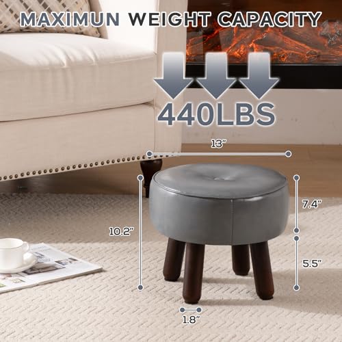 oakvivo Ottoman, Small Foot Stool, Round Leather Pouf Ottoman, 13''L x 13''W x 10.2''H Foot Rest with Non-Skid Rubber Legs for Living Room Bedroom Couch Entryway, Grey - color: Grey