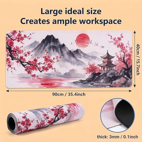 Gaming Mouse Pad, 35.4 x 15.7 Inch Extended Large Desk Mat, Waterproof Keyboard Mousepad with Non-Slip Rubber Base and Stitched Edges, Big Desk Pad for Computer Office Home (Ink Painting)