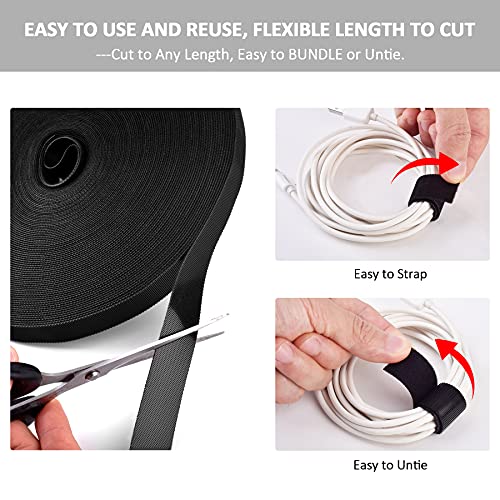 300 Ft x 3/5 in, Cut to Any Length, Cable Ties, Wire Ties, Cord Straps Management, Easy to Use, Nylon, Double Sided Hook Loop, Self-Fastening, Reusable, Sturdy, for Office, Home, Black