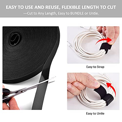 300 Ft x 3/5 in, Cut to Any Length, Cable Ties, Wire Ties, Cord Straps Management, Easy to Use, Nylon, Double Sided Hook Loop, Self-Fastening, Reusable, Sturdy, for Office, Home, Black