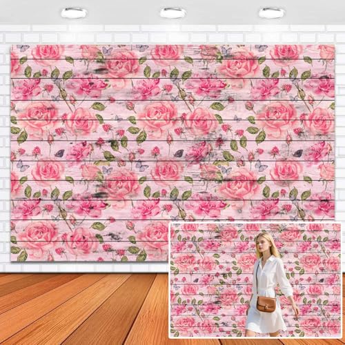 Rustic Wood Floral Backdrop 5x3ft Vinyl Pink Wooden Floor Board Photography Background Rose Leave Vintage Birthday Wedding Portrait Cake Table Photo Props - color: pink floral, size: 5x3ft