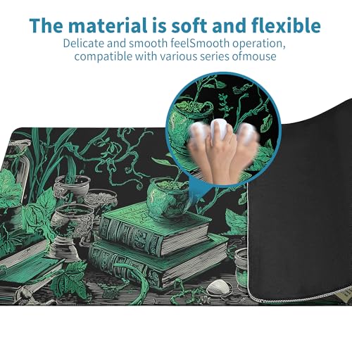 Dark Academia Gaming Mouse Pad Abstract Black Mouse Pad 31.5x11.8 Inch Mystical Green Plant Texture Non-Slip Rubber Base Large Mousepad Stitched Edges Keyboard Mouse Mat Desk Pad for Office and Home - color: Dark Academia