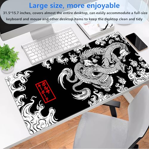 Japanese Dragon Desk Mat, Black White Large Gaming Mouse Pad 31.5x15.7 in | Stunning high contrast ink dragon desk pad providing elite tracking accuracy, plush support, and anti-fray borders. - color: Dragon