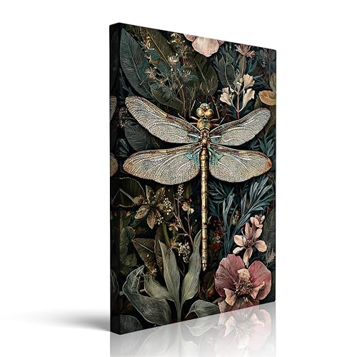 Canvas Wall Art Framed Dragonfly Botanical Floral Wildflower Vintage Retro Boho Whimsical Moody Textured Unique Elegant Wall Decor for Bedroom Cottagecore Cozy Earthy Serene Dark Decor 12x16 Inches - color: dragonfly, size: 16"L x 12"W