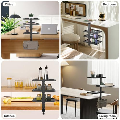3 Tier Clamp On Desk Shelf, No Drill Desk Extension Shelving Unit with Adjustable Metal Trays & Headphone Stand Above or Under Desk Storage, Heavy Duty Desktop Storage Rack for Home Office
