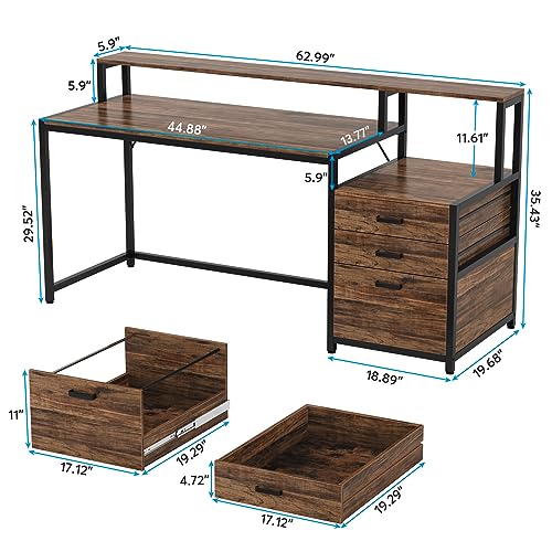 Tribesigns 63 Inch Computer Desk with File Drawer Cabinet, Ergonomic Office Desk with Monitor Stand, Industrial Computer Table with Printer Space, Wood PC Table Workstation Desk for Home Office - color: Rustic Brown