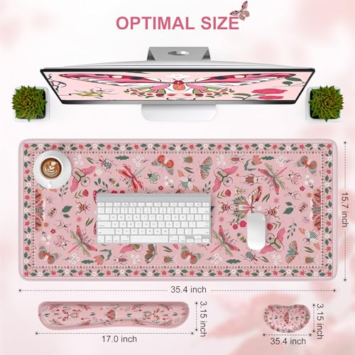 iCasso Large Mouse pad for Desk, Computer Desk Mat, 3Pcs XXL Keyboard and Mouse Pad + Keyboard Wrist Rest, Desk Matt for Desktop, Easy Typing Pain Relief Ultra Thick Mousepad Keyboard Mat(Pink) - color: Pink Butterfly