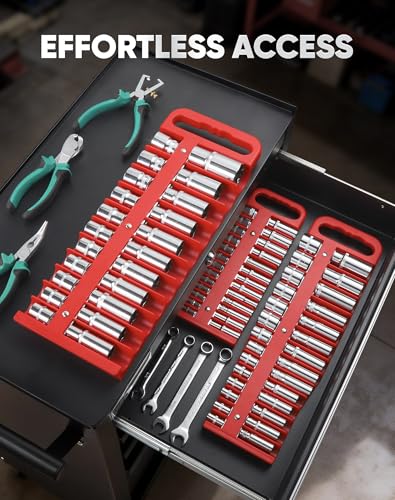 Reniteco Magnetic Socket Holder Set, Red Portable Heavy Duty Socket Rail For 3/8-inch Drive, Hold 28 Sockets - Fit Shallow & Deep Sockets, Sockets Not Included - color: 3/8"-red