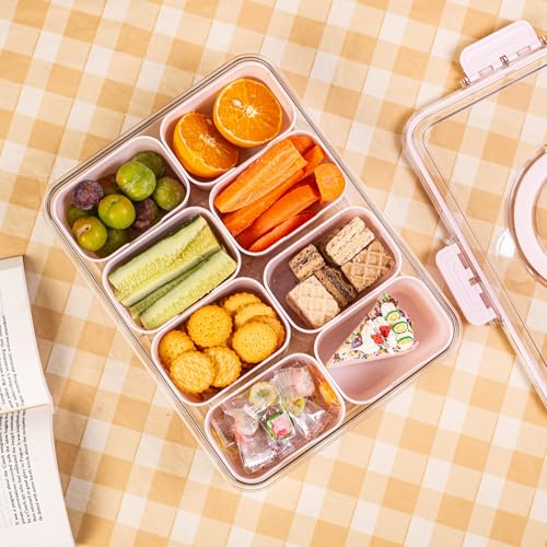 Dingerjar Divided Serving Tray with Lid and Handle - Snackle Box Charcuterie Container for Portable Snack Platters Organizer for Candy, Fruits, Nuts, Snacks - Perfect for Party, Entertaining, Pink - color: Pink