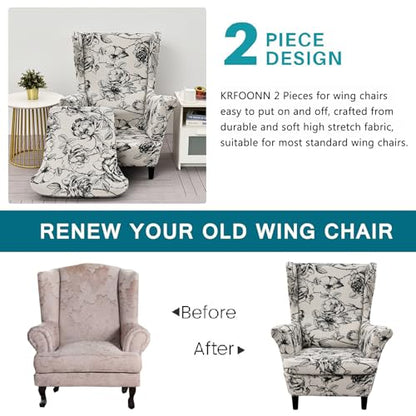 KRFOONN Wingback Chair Covers Slipcovers 2 Piece Stretch Wing Chair Covers Spandex Slipcovers Wingback Sofa Covers Armchair Covers Non-Slip Furniture Protector for Living Room Wingback Chairs, A23 - color: A23