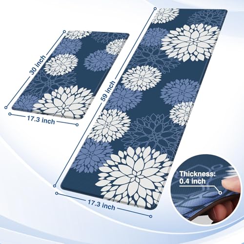 Kitchen Mats, 2PCS Non-Slip Cushioned Rugs, Anti-Fatigue Waterproof Floor Rug, Washable Standing Desk Mat, Home Laundry Office Apartment Decor and Accessories (17.3" ×59" +17.3" ×30"-Blue) - size: 17.3"W×59"L+17.3"W×30"L-0.4"Th