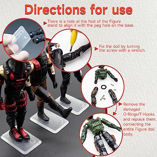 SIXPOINTS 30 Pieces Clear Plastic Display Stand Base,20 T Hook & 20 O-Rings Waistband & 50 Screws& 2 Spanner Body Repair Part Set For 3.75 " G.i Joe Action Figure Toy - color: 30PCS-Clear Square Set