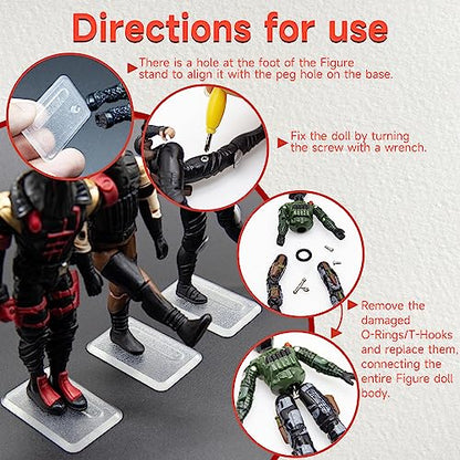 SIXPOINTS 30 Pieces Clear Plastic Display Stand Base,20 T Hook & 20 O-Rings Waistband & 50 Screws& 2 Spanner Body Repair Part Set For 3.75 " G.i Joe Action Figure Toy - color: 30PCS-Clear Square Set
