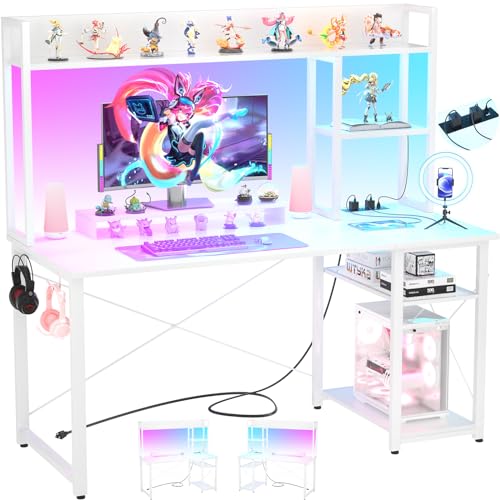 Cyclysio Gaming Desk with Hutch, 47'' Computer Desk with LED Lights & Power Outlets, Home Office Desk with Reversible 5 Tiers Storage Shelves & Monitor Stand, Small Gaming Table for Small Space, White - color: White, size: 47 inch