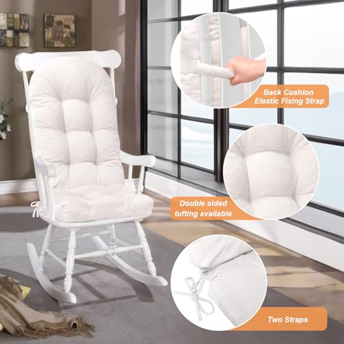 Rocking Chair Cushion - Chenille Fabric, High-Density Sponge, Durable Comfort Double-Sided Tufted Seat Pads with Ties, Chenille︱Cleanroom White, 44x19x4 inch - color: Reversible | White