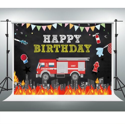 YongFoto Fire Dept Fireman Theme Happy Birthday Backdrop 7x5ft Fire Truck Firefighter Night Skyscraper City Downtown Photography Background Baby Shower Kids Birthday Party Banner Photoshoot Props - color: Style 1, size: 7x5ft