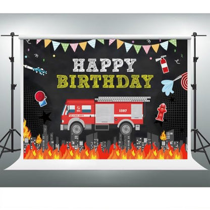 YongFoto Fire Dept Fireman Theme Happy Birthday Backdrop 8x6.5ft Fire Truck Firefighter Night Skyscraper City Downtown Photography Background Baby Shower Kids Birthday Party Banner Photoshoot Props - color: Style 1, size: 8x6.5ft