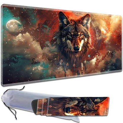 MTG Playmat, Smooth Surface Game Play Pad MTG TCG 24 x 14 inch with Storage Bag, Non-Slip Mouse Pad Card Fighting Game, The Dreamcatcher Wolf - color: The Dreamcatcher Wolf