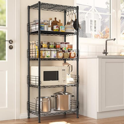 REIBII 5 Tier Wire Shelves with Side Blockers Pantry Shelves Organizers with Hooks & Shelf Linker Adjustable Metal Shelving for Storage, Kitchen,Pantry,Bathroom,Laundry Room,59.1"H x 21.7"W x 13.8"D
