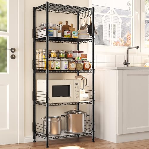 REIBII 5 Tier Wire Shelves with Side Blockers Pantry Shelves Organizers with Hooks & Shelf Linker Adjustable Metal Shelving for Storage, Kitchen,Pantry,Bathroom,Laundry Room,59.1"H x 21.7"W x 13.8"D