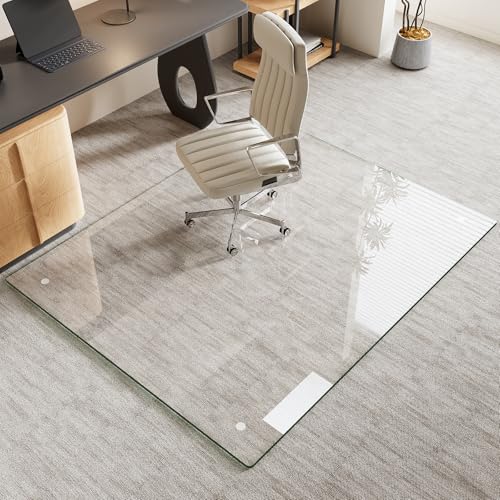 Tempered Glass Chair Mat for Carpet & Hard Floor, 46"x55" Office Chair Mat - Heavy Duty & Scratch Resistant, Non-Slip Pads, Rounded Corners & Polished Edges - color: Transparent, size: 46"x55"