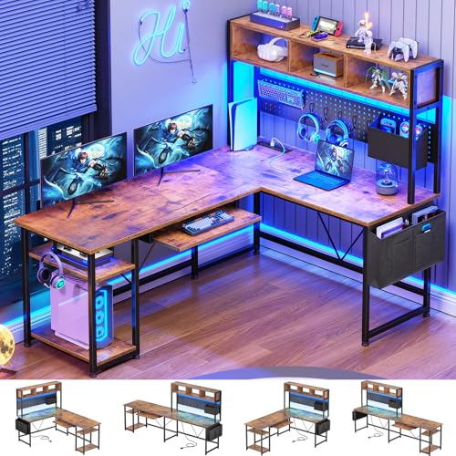 SEDETA L Shaped Gaming Desk with Hutch, 57.5” Reversible Corner Computer Desk with Storage Shelves, Gaming Desk with Pegboard, LED Lights, Power Outlet, Keyboard Tray (Rustic Brown) - color: Rustic Brown