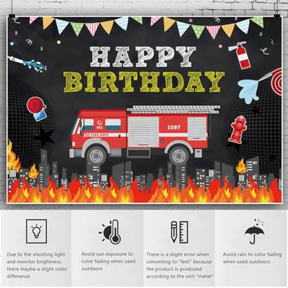 YongFoto Fire Dept Fireman Theme Happy Birthday Backdrop 7x5ft Fire Truck Firefighter Night Skyscraper City Downtown Photography Background Baby Shower Kids Birthday Party Banner Photoshoot Props - color: Style 1, size: 7x5ft