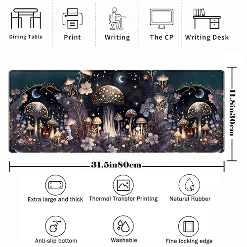 Teng DA Qing Cute Dark Mushroom Moon Night Mouse Pad XL Extended Gaming Mat with Stitched Edges, Computer Laptop Keyboard and Mouse Mat for Women Office Desk Decor, 31.5x11.8 in - color: Dark Mushroom Moon