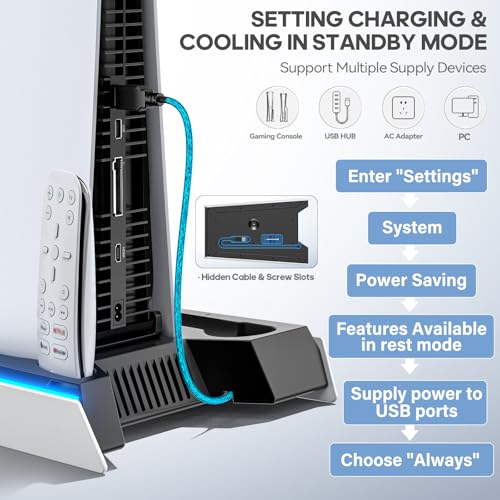 PS5/Slim/Pro Stand for Disc & Digital Console, PS5 Cooling & Charging Station with RGB Lights, PS5 Controller Charger Built-in 3 Level & AUTO Adjustable Fan, Accessories for PlayStation 5 Cases - color: Black & White